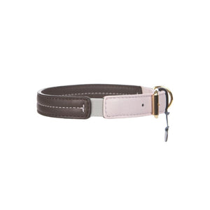 Mungo and Muad Bauhaus luxury leather dog collar in Rosebud and chocolate. Luxury dog products for the modern home from Hogan Parker