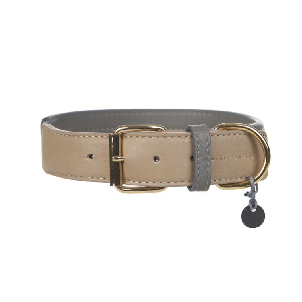 Mungo and Muad Bauhaus luxury leather dog collar in Biscuit and Smoke. Luxury dog products for the modern home from Hogan Parker