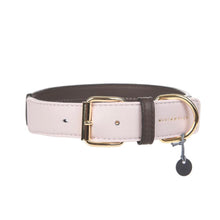 Load image into Gallery viewer, Mungo and Muad Bauhaus luxury leather dog collar in Rosebud and chocolate. Luxury dog products for the modern home from Hogan Parker
