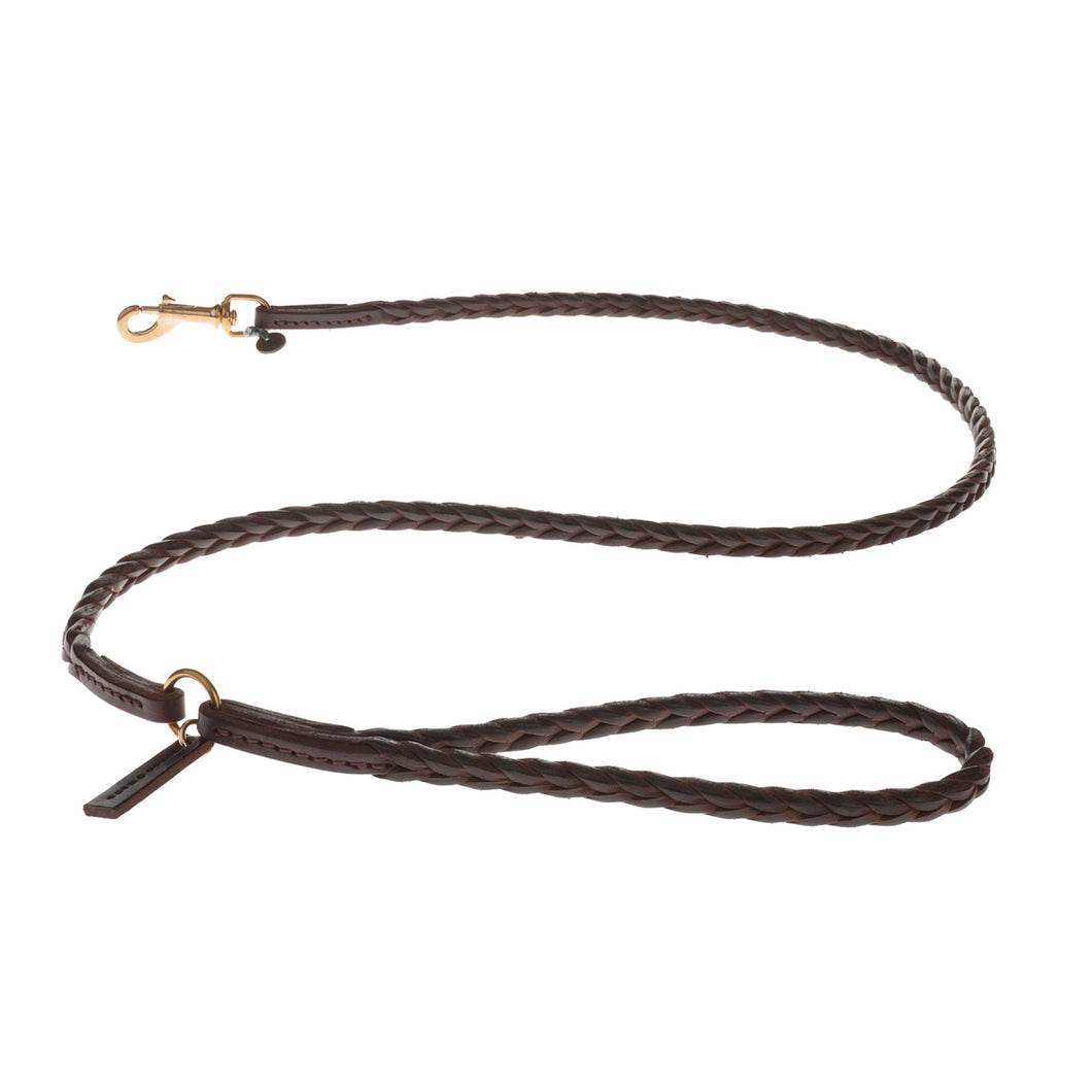 Mungo and Muad plaited leather dog lead in Chocolate. Luxury dog products for the modern home from Hogan Parker