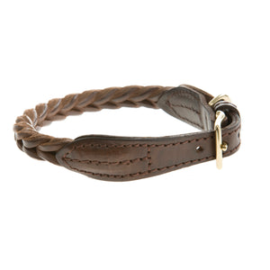 Mungo and Muad plaited leather dog collar in Chocolate. Luxury dog products for the modern home from Hogan Parker.