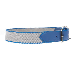 Mungo and Muad Preppy dog collar in Grey and Cobalt Blue. Luxury dog products for the modern home from Hogan Parker