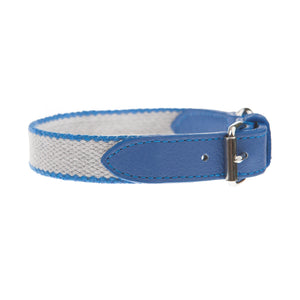 Mungo and Muad Preppy dog collar in Grey and Cobalt Blue. Luxury dog products for the modern home from Hogan Parker